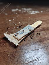 Popsicle Stick Rests on Empty Wrapper as Ants Scavenge Nearby on a Wooden Surface in the Afternoon Generative AI