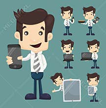 Set of businessman show tablet and smart phone characters poses