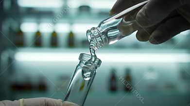 Translucent Gel Pouring from Vial to Vial in Macro Close Up Laboratory Setting