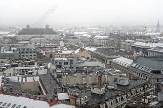 Snowy Budapest with roof of Hungarian State Opera on background. Hungary