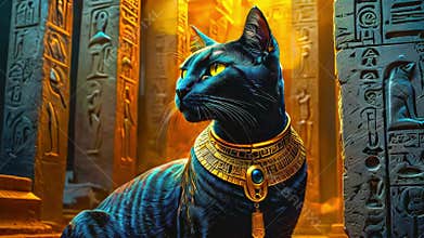 Golden Egyptian magical divine cat, cat in the temple of the Egyptian goddess Bastet