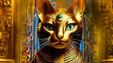 Golden Egyptian magical divine cat, cat in the temple of the Egyptian goddess Bastet