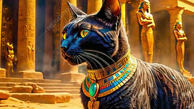 Golden Egyptian magical divine cat, cat in the temple of the Egyptian goddess Bastet