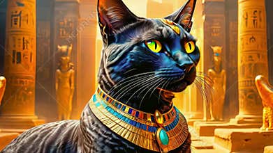 Golden Egyptian magical divine cat, cat in the temple of the Egyptian goddess Bastet