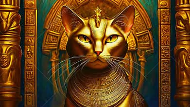 Golden Egyptian magical divine cat, cat in the temple of the Egyptian goddess Bastet.