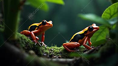 Vibrant Poison Dart Frogs Dwelling Harmoniously in Lush Rainforest Habitat