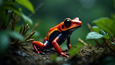 Vibrant Red Poison Dart Frog Exploring Lush Rainforest Habitat and Ecosystem