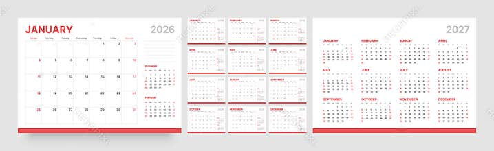 Monthly calendar layout for 2026. Planner diary.