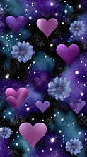 Fantasy cosmic background with purple flowers, shining stars and love heart shape elements in galaxy space, romantic