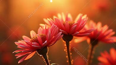 Radiant Blooms: Close-Up View of Red Flowers Bathed in Warm Golden Light