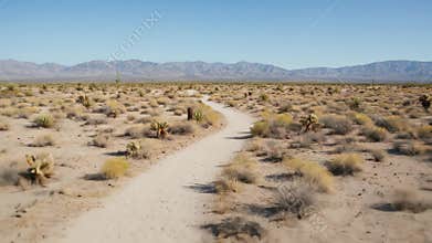 Desert Path in Arid Landscape with Distant Mountains and Clear Blue Sky