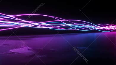Abstract Neon Light Streaks Reflecting on Smooth Surface in Dark Background