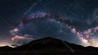 Milky Way Above Dark Mountain Under a Starry Night Sky in a Wide Panoramic View