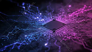 Electronic Microchip with Circuitry Pattern Blue and Pink Glowing Lines on Dark