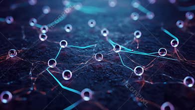 Abstract Geometric Network of Spheres with Interconnected Lines on Dark Blue Surface