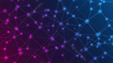 Network Connection Structure on a Gradient Background of Pink Purple and Blue