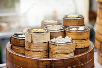 Dim sum steamers at a Chinese restaurant, Hong Kong