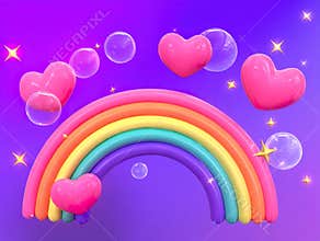 Rainbow with Hearts, Shiny Stars, and Bubbles on Purple Gradient Background