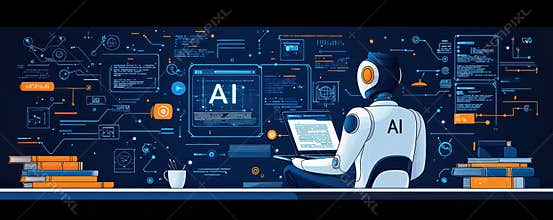 AI robot analyzing data and programming in a futuristic workspace