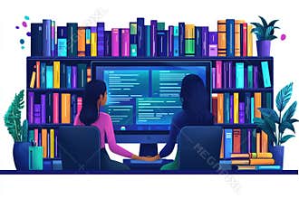 Two women studying programming using a computer in a library setting
