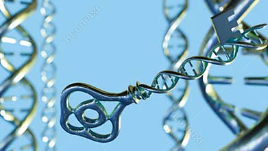 A silver key with a double helix structure.