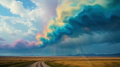 Surreal Rainbow Cloud Storm Over Golden Fields Animation
