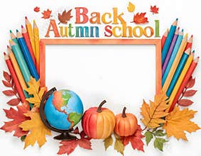 Back to School Autumn Frame with Books globe and Leaves – Watercolor Illustration