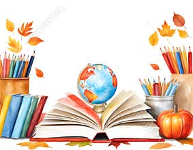Back to School Autumn Frame with Books globe and Leaves – Watercolor Illustration