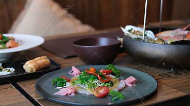 Close up shot of recommended dishes special menu delicious food with beverages on table at restaurant