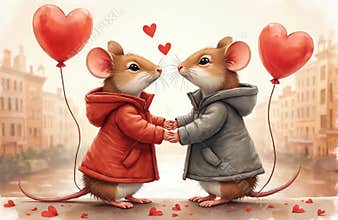 Two mice holding hands celebrate Valentine Day. LGBT couple holding heart balloons. AI generated illustration in romantic