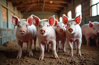 Group of cute baby pigs. Piglets standing, looking at camera, in barn. Farm animals, pork production, swine farming. Concept of