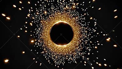 Golden particles exploding from a central black circle create a mesmerizing display of light and energy, illuminating a dark