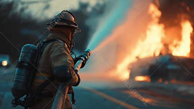 Brave Firefighter Engaged in a Fierce Fight Against Intense Blaze at Dusk