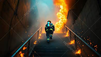 A firefighter ascends burning stairs, showcasing bravery in an emergency