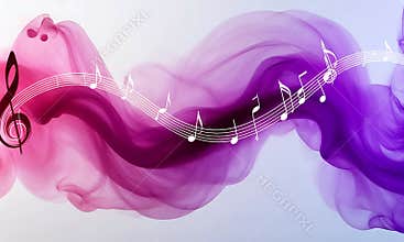 Music notes flowing through a vibrant purple and pink smoke