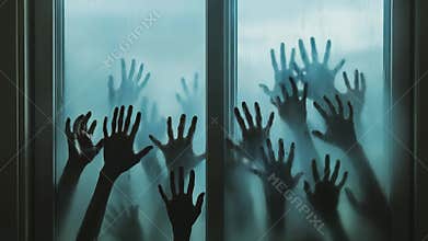 Zombie infected hands pressing against foggy window, revealing desperate survival moment within desolate, shadowy