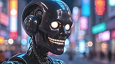 automaton with angstrom toothy smile, metal design, radiant eyes, Generative AI
