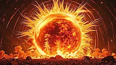 a detailed interpretation of a fiery sphere explosion, circular Generative AI