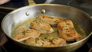 large juicy chicken breasts sizzling in garlic butter on cast stainless steel skillet, golden seared edges, oil bubbling, steam