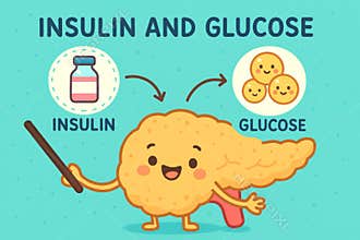 Cute cartoon pancreas character explaining insulin and glucose with smiling faces. Concept of diabetes education, hormone function