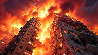 Two tall apartment buildings consumed by a massive firestorm in a dramatic urban blaze
