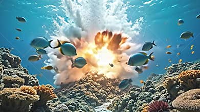 a dramatic underwater explosion, coral reefs disrupted by a blast, Generative AI