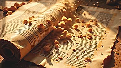 Biblical artifact, an opened scroll spilling radiant dust, Generative AI