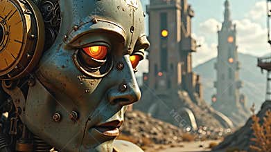 adenine weatherworn clockwork automaton, front conveyance Generative AI