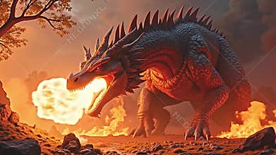a fantasy scene of a dragon unleashing fire, vibrant flames Generative AI