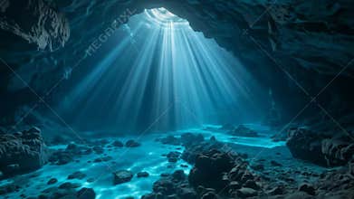 Mystical Underwater Cave with Sun Rays and Glowing Water Animation