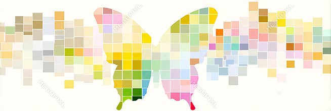 Colorful mosaic butterfly with abstract geometric patterned background