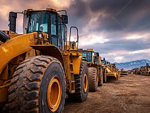 Construction site with large yellow Caterpillar bulldozers and other heavy equipment in an open area, under a cloudy sky - AI