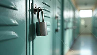 Close-up of open silver school locker in hallway. Lock security concept. Education storage. Steel padlock, metal. Privacy safety,