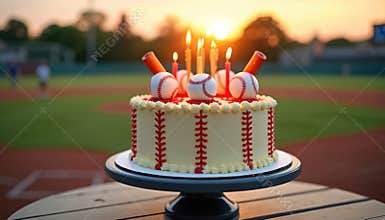 Vibrant birthday cake baseball theme with candles in front of blurred baseball field, sunset. Festive, celebratory cake for